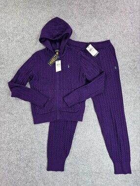 NWT Ralph Lauren Purple Cable-Knit Hoodie & Jogger Set Polo Sz L 12-14 Girls